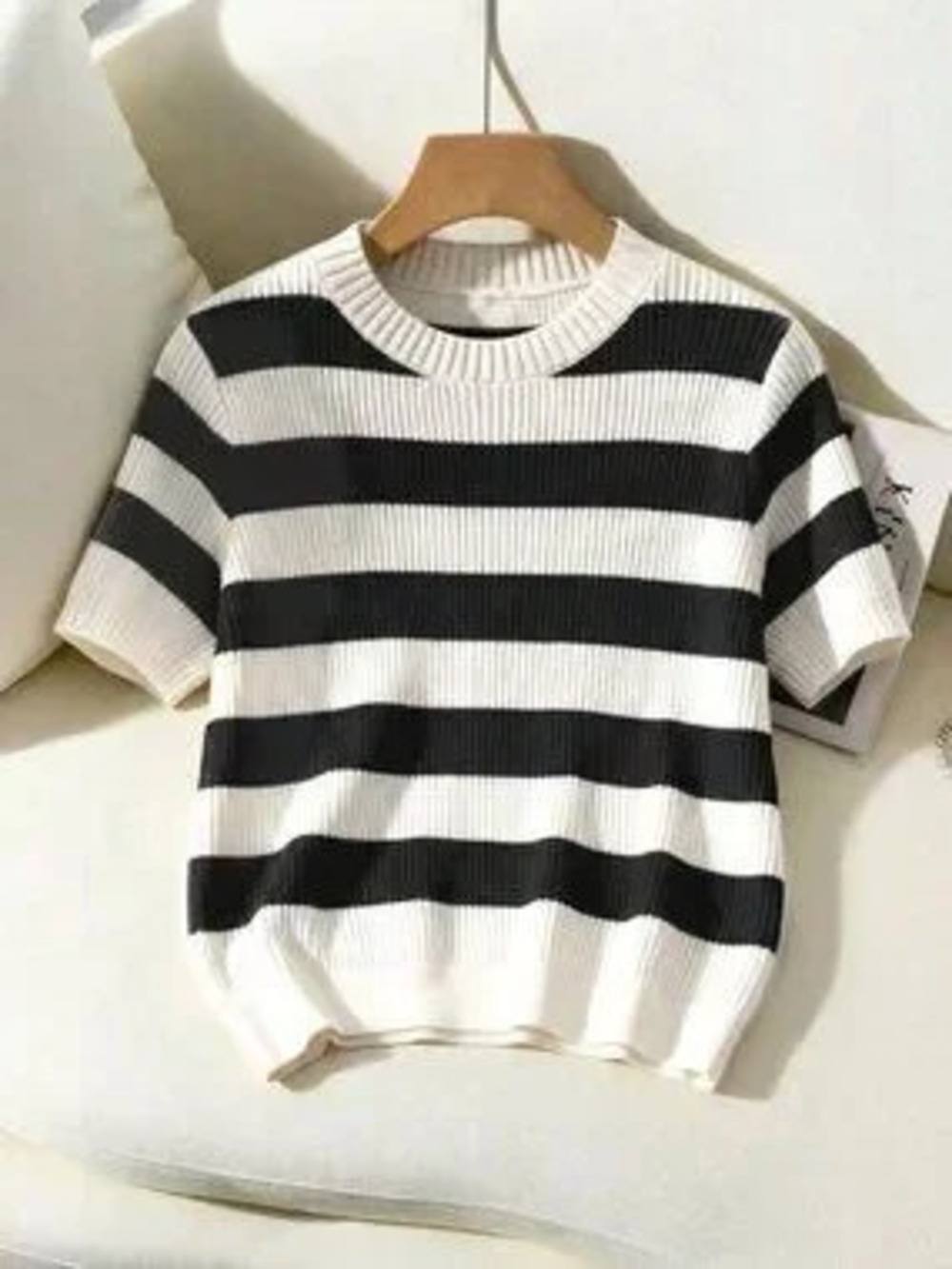 Black Casual Women's Elegant Round Neck Striped Tie-Up Hollow-Out Knit Top